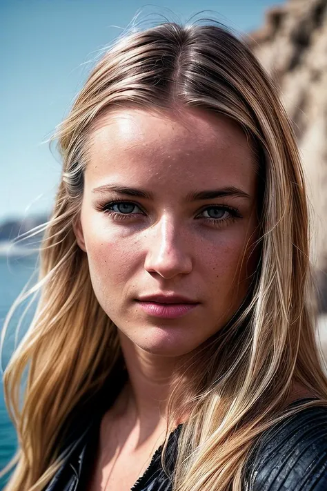 beautiful woman (EPD4fn3Sch1pp3rs:.99), blonde hair, Long Slicked-Back Hairstyle , ((portrait)), (closeup:1.2), ((from the waist up)), (((  fantastic scenery, outdoors, harbor :1.2 ))), natural skin texture,  ((  Ruched jumpsuit :1.2)), 24mm, 4k textures, soft cinematic light, adobe lightroom, photolab, hdr, intricate, elegant, highly detailed, sharp focus, ((((cinematic look)))), soothing tones, insane details, intricate details, hyperdetailed, low contrast, soft cinematic light, exposure blend, hdr, faded, now, ("I've got a bad feeling about this.":1.1)