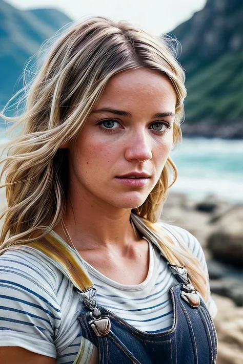 beautiful woman (EPD4fn3Sch1pp3rs:.99), blonde hair, Short beachy waves hairstyle , ((portrait)), (closeup:1.2), ((from the waist up)), (((  beautiful scenery, reef[::3] :1.2 ))), natural skin texture,  ((  Distressed overalls and a striped tee :1.2)), 24mm, 4k textures, soft cinematic light, adobe lightroom, photolab, hdr, intricate, elegant, highly detailed, sharp focus, ((((cinematic look)))), soothing tones, insane details, intricate details, hyperdetailed, low contrast, soft cinematic light, exposure blend, hdr, faded, now, ("I've got a bad feeling about this.":1.1)