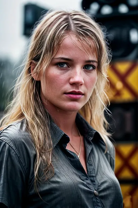beautiful woman (EPD4fn3Sch1pp3rs:.99), blonde hair, jewelry, ((portrait)), (closeup:1.2), ((from the waist up)), (((  railroad crossing, heavy rain, raining :1.2 ))), natural skin texture,  ((  Shirt dress :1.2)), 24mm, 4k textures, soft cinematic light, adobe lightroom, photolab, hdr, intricate, elegant, highly detailed, sharp focus, ((((cinematic look)))), soothing tones, insane details, intricate details, hyperdetailed, low contrast, soft cinematic light, exposure blend, hdr, faded, now, ("I've got a bad feeling about this.":1.1)