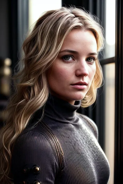 beautiful woman (EPD4fn3Sch1pp3rs:.99), blonde hair, Long Textured Waves Hairstyle , ((portrait)), (closeup:1.2), ((from the waist up)), (((  steampunk interior[::3] :1.2 ))), natural skin texture,  ((  Turtleneck and slacks :1.2)), 24mm, 4k textures, soft cinematic light, adobe lightroom, photolab, hdr, intricate, elegant, highly detailed, sharp focus, ((((cinematic look)))), soothing tones, insane details, intricate details, hyperdetailed, low contrast, soft cinematic light, exposure blend, hdr, faded, now, ("I've got a bad feeling about this.":1.1)