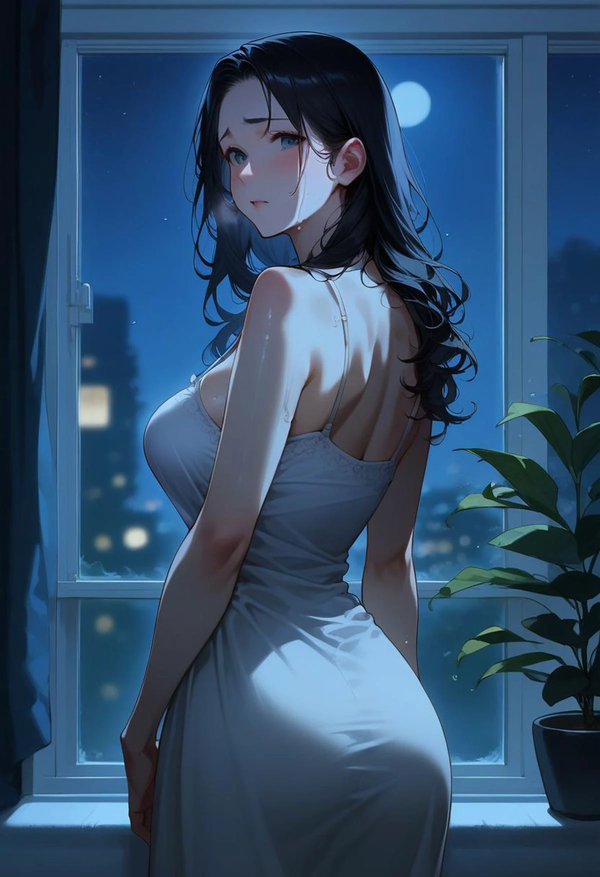 score_9, score_8_up,score_7_up, score_6_up, source_anime, rate_safe, expressiveh,
((Night)), ((Cold Night)), blurry background,
solo,
1girl,
looking back at the viewer,
stands near an closed window, (leaning her hands on the window),
1girl (33 years old:1.0), milf, beautiful, black hair, grey eye, long hair, large breasts, pure skin, detailed eyes, thighs, large hip, ((camisole)), dress, bare shoulders,
Worried, thinking,
night, modern, indoor, a living room, in apartment, ,