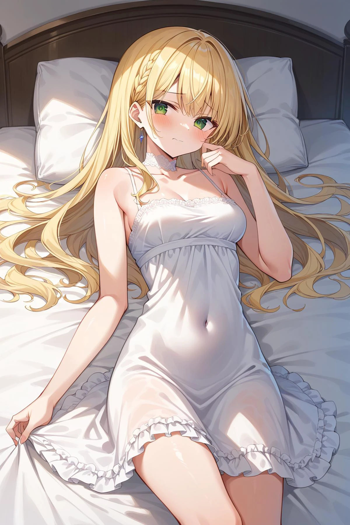 score_9, score_8_up, score_7_up,source_anime, high res image, masterpiece, best quality,high detailed,very aesthetic, absurdres,clear skin,shiny hair,ultra detailed eyes,medium_breasts,long_hair,(blonde_hair:1.4),green_eyes,jyojifuku,dress,bare shoulders,lying, on bed,embarrassed, dark_background, night, cowboy_shot,