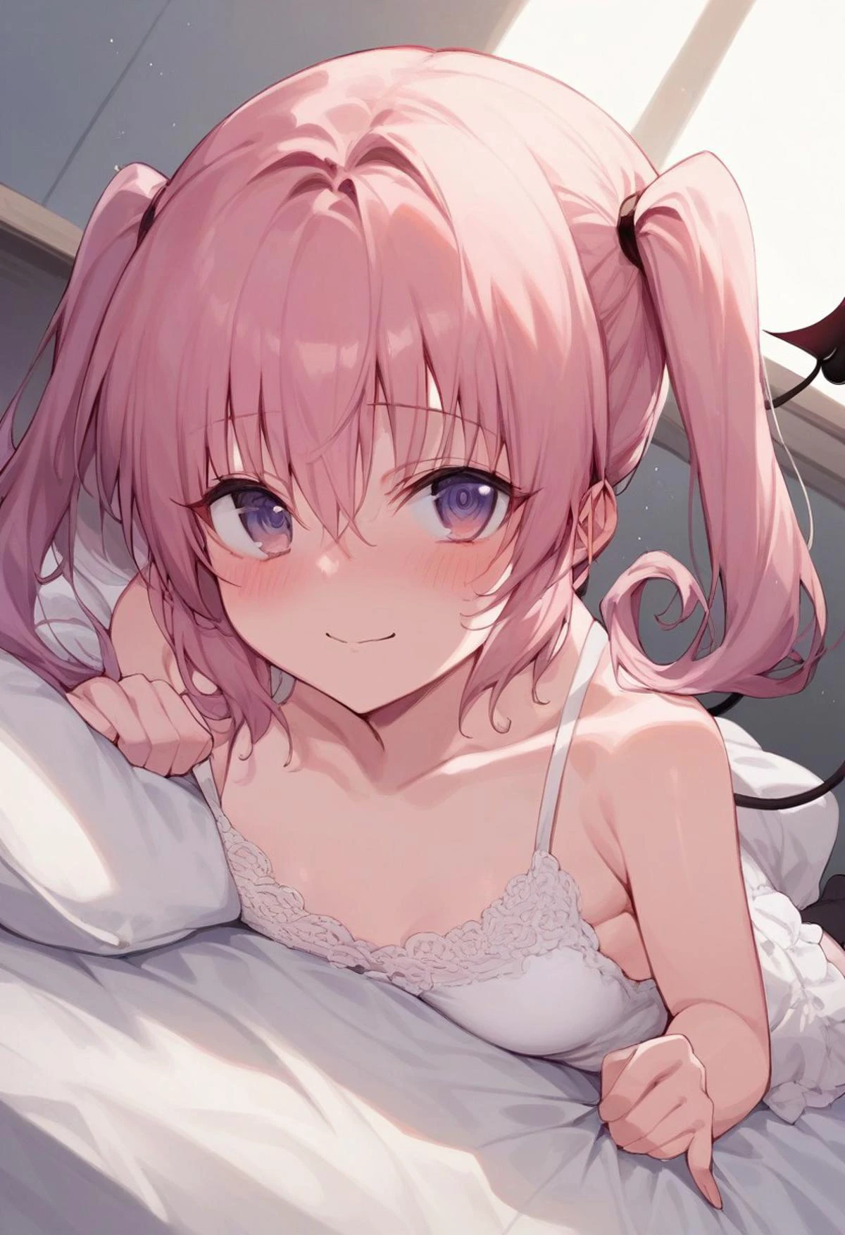 score_9,
score_8_up,
score_7_up,
score_6_up,
source_anime,
perfect hands,
perfect fingers,
perfect eyes,
BREAK ideal ratio body proportions,
looking up at viewer,
small eyes,
nana asta deviluke,
1girl,
solo,
smile,
blush,
embarrassed,
long hair,
twintails,
small breasts,
1tail,
demon tail,
jyojifuku,
dress,
white costume,
camisole dress,
bare shoulders,
private room,
lying on bed,
on stomach,