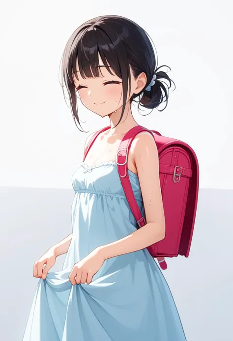 score 9, score 8 up, score 7 up, source anime, high-res image, shiny hair, cute face, clear skin,
<lora:RandoseruXLv10:0.8> carrying randoseru backpack, sky blue randoseru backpack,
<lora:camisole dress_Pony_V1.0:1> jyojifuku, dress, bare shoulders,
1girl, , black hair, tied hair, (small breasts, flat breasts:1.2), (sweaty body:1.4),
smile, closed eyes, looking to down, skirt hold,
(masterpiece), best quality, extremely detailed, ultra-detailed, nsfw,
official art, extremely detailed CG unity 8k wallpaper, perfect lighting, cinematic lighting,