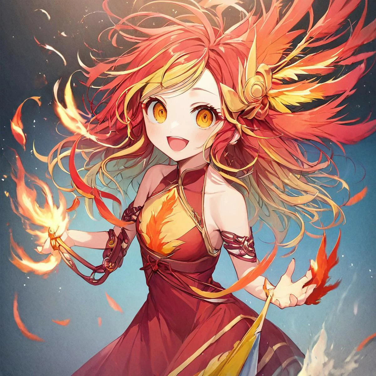 score_9,score_8_up,score_7_up,score_9,score_8_up,score_8,ultra detailed, beautiful face, highres, Expressiveh,
BREAK, 1girl, solo, kamiya yuu, no game no life, official art,
gradient hair, multicolored hair, multicolored eyes,
(red hair:1.3), curly hair, yellow hair ends, yellow highlights, phoenix girl, red eyes, yellow eyes, gradient eyes, red dress, bare shoulders, straps, slight cleavage,
happy, looking at viewer, giddy, smile, open mouth,
jyojifuku, dress, phoenix dress, fire element, composed of fire elements, feathers, burning feathers in air,