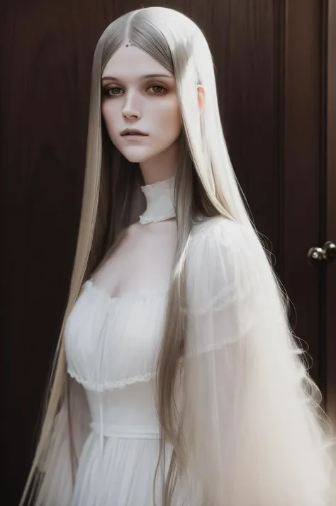 (masterpiece, best quality) portrait photo of a woman, ethel cain, looking at viewer, wearing a white dress, long hair, slick hair, dark, hazy, realistic <lora:Ethel_Cain:1>