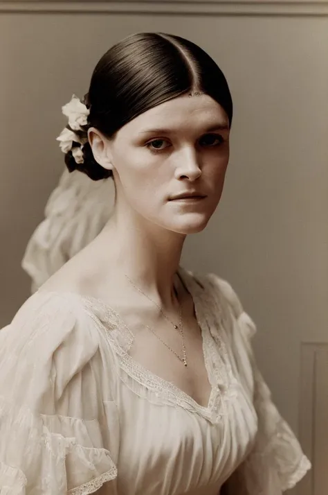 (masterpiece, best quality) portrait photo of a woman, ethel cain, looking at viewer, wearing a white dress, neutral expression <lora:Ethel_Cain:1>