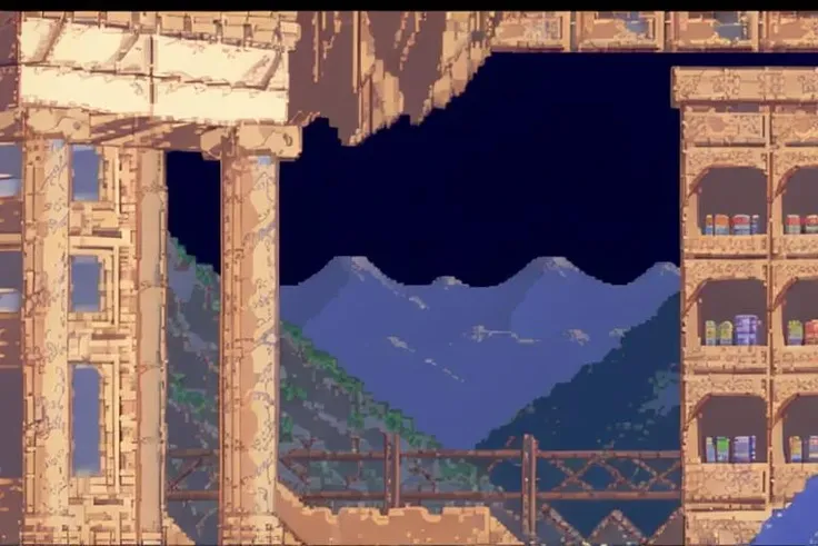 highest quality, highest quality visuals, highest details,. <lora:Lemmings SNES:0.9>, SNES_Lemmings, environment, 2D, dark blue background, masterpiece, grocery store