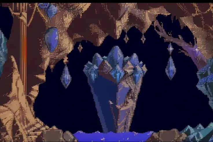 highest quality, highest quality visuals, highest details,. <lora:Lemmings SNES:0.9>, SNES_Lemmings, environment, 2D, dark blue background, masterpiece, gemstone, cave, sparkles, shiny, dark, dappled lighting, dank, wet, moist, humid, warm