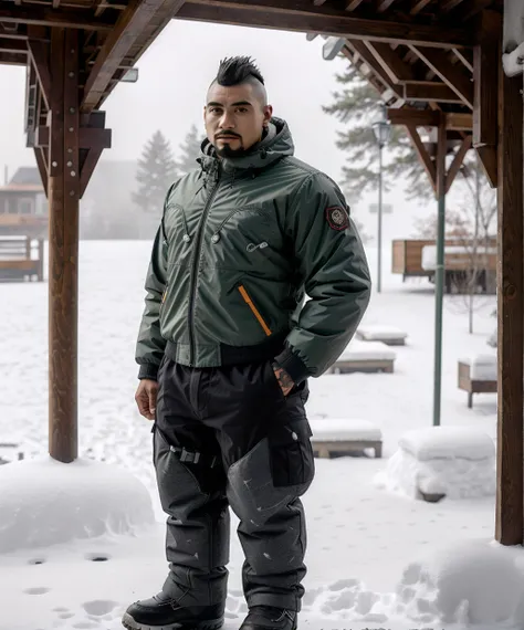 <lora:Tai_Kaliso:0.75> tai_kaliso, winter jacket, long pants, standing, looking at viewer, (tattoo:1.2), beard, dark skin, evening, snow, outdoor, fog, snow fog