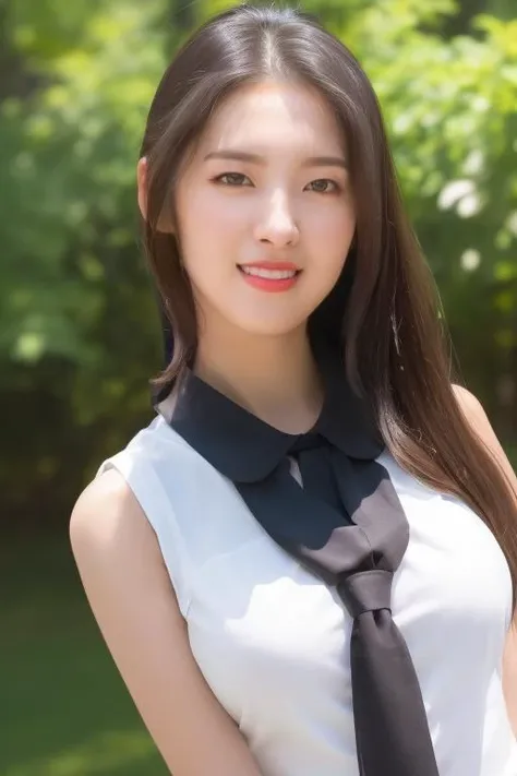 black hair,(looking at viewer:1.2),<lora:omgArinV1:1>,Arin,(close-up photo:1.2),(pov:1.1),korean, woman,complex 3d render ultra detailed,(smile:1.3), portrait of beautiful woman, moody portrait, striking features, beauty, intricate details, dramatic composition, tension, contrast, texture, realism, high-quality rendering, stunning art, high quality, film grain, Fujifilm XT3,swirly bokeh,(realistic, photo-realistic:1.4),RAW photo,physically-based rendering,(8k, best quality, masterpiece:1.2),(full body shot:1.1),octane render,extremely detailed CG, unity 8k wallpaper,skyline, outdoor,(rim light,studio soft light,sunlight:1.2),standing,(a girl is wearing sleeveless:1.5),hyper realistic detail shiny skin,ultra detailed,(ultra realistic:1.2),(intricate:1.2),(photorealistic:1.2),1girl,(skinny:1.3),detailed background,(large breasts:1.1)