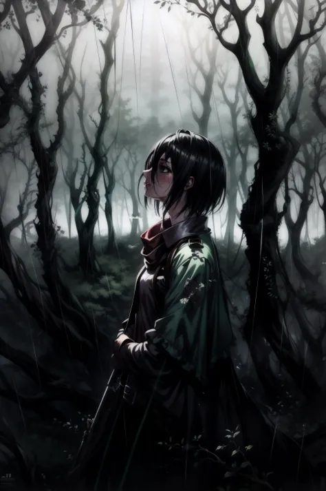 (masterpiece, best quality), <lora:mikasa ackerman-lora-Faxtron:0.8> mikasa ackerman, short hair, black hair, hair between eyes, black eyes, <lora:DarkFantasyStyleV1-000080:0.8> rain, fog, dark, depressing, green theme, fog, misty, creepy, dead trees, forest,
<lora:add_detail:0.8>,