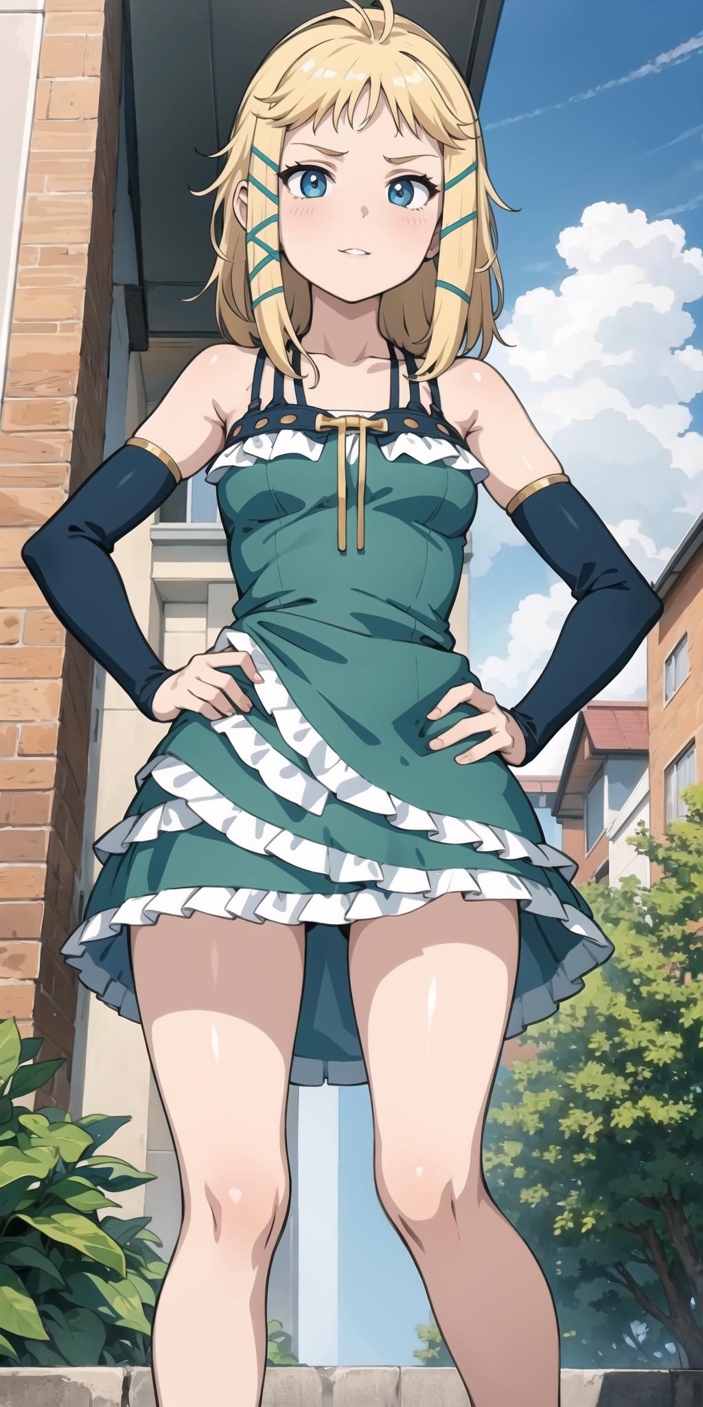 A woman in a short dress standing in front of a building - SeaArt AI