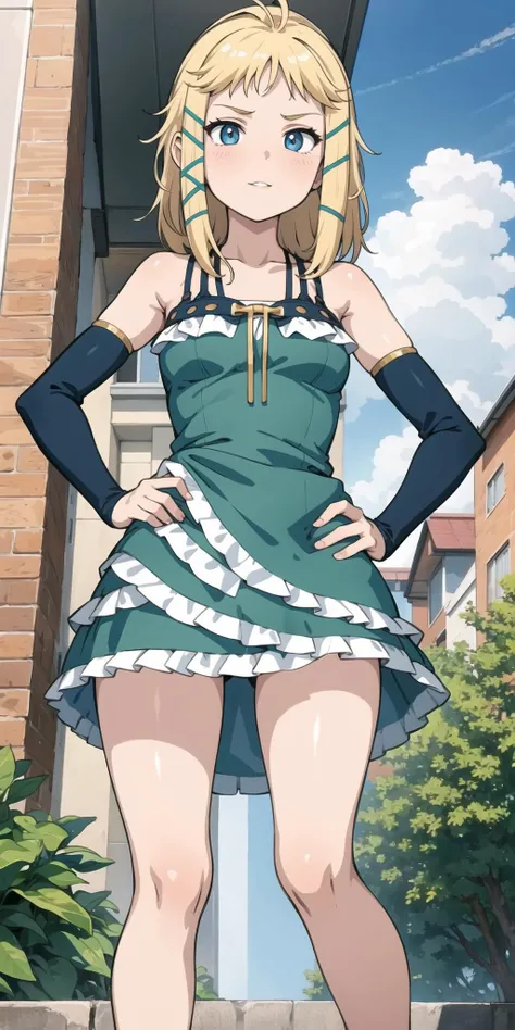 Masterpiece, best quality, absurdres, 1girl, smug, from below, hand on hip, outdoors, <lora:TinaSproutNew-000008:1>, tinasdress <lora:TinaSproutNew:1>