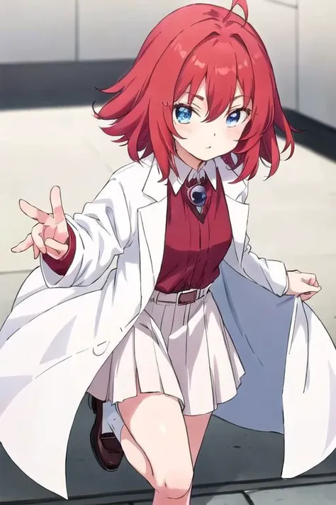 ,girl, amaranth red hair, short hair, white coat, black shoes, light blue eyes