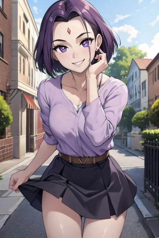 outdoor, smile, <lora:ravdc-guy-v2:1>, ravdc, grey skin, forehead jewel, Tight skirt, purple eyes, short hair