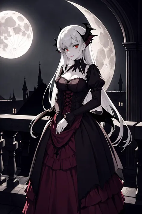 a beautiful gothic vampire. standing on a balconly under the moon. eerie. volumetric light, high dynamic range.