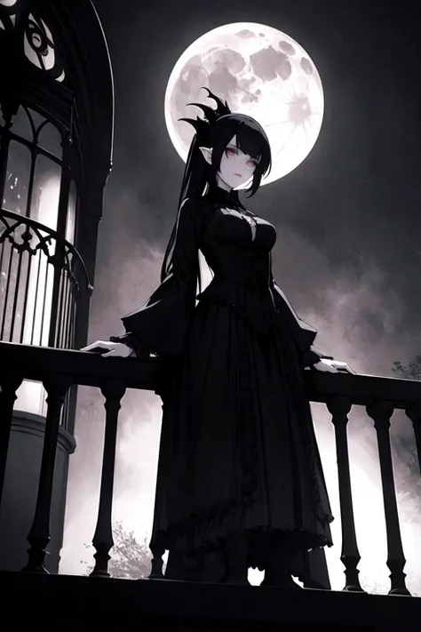 a beautiful gothic vampire. standing on a balconly under the moon. eerie. volumetric light, high dynamic range.