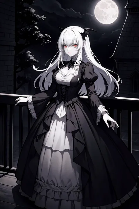 a beautiful gothic vampire. standing on a balconly under the moon. eerie. volumetric light, high dynamic range.