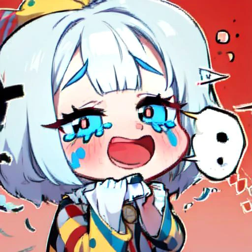 (chibi), clown, clown makeup, runny makeup, nervous smile, tears <lora:ClownFashion:0.6> <lora:BlueSD:1>