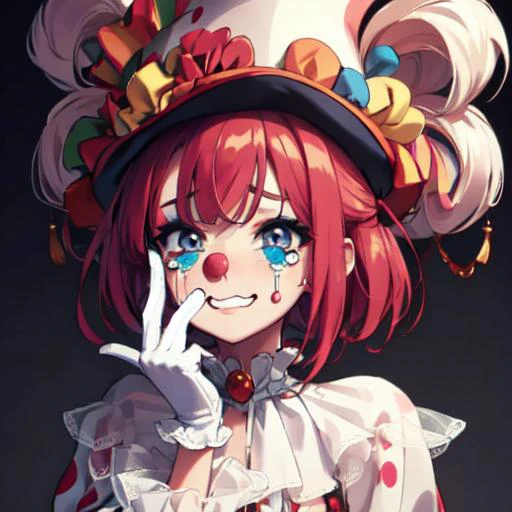 (chibi), clown, clown makeup, runny makeup, nervous smile, tears <lora:ClownFashion:1>