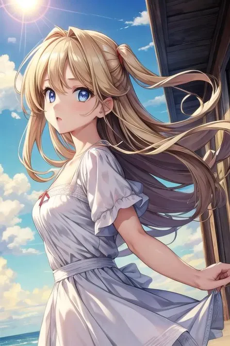 outdoors, standing, upper body, <lora:add_detail:0.7>,girl,sky,sun,cloud,dress