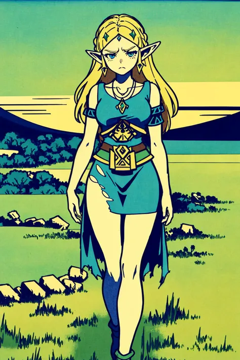 masterpiece, ultra-detailed, stunning art, illustration, 8k cg wallpaper, 1girl, solo, (Princess Zelda), standing, perfect anatomy, cute face, sad expression, frowning, sparkling eyes, deep blue eyes, beautiful detailed eyes, dirty blonde hair, long hair, elegant hairstyle, elegant hair accessories, elf ears, elegant earrings, elegant necklace, slim body, medium-large breasts, torn dress, elegant body accessories, perfect arms, perfect hands, perfect fingers, elegant arm accessories, elegant hand accessories, perfect legs, elegant leg accessories, cute, pretty, beautiful, sexy, perfect body, (background: Hyrule Field, sunset, stone ruins, grass, flowers, epic scenery, intricately detailed items in background), <lora:Fuji:1>