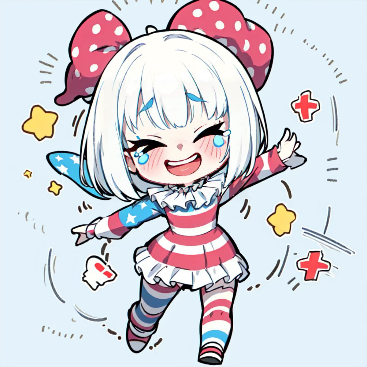 full body, chibi, clown, clown makeup, runny makeup, nervous smile, tears <lora:BlueSD:0.8>