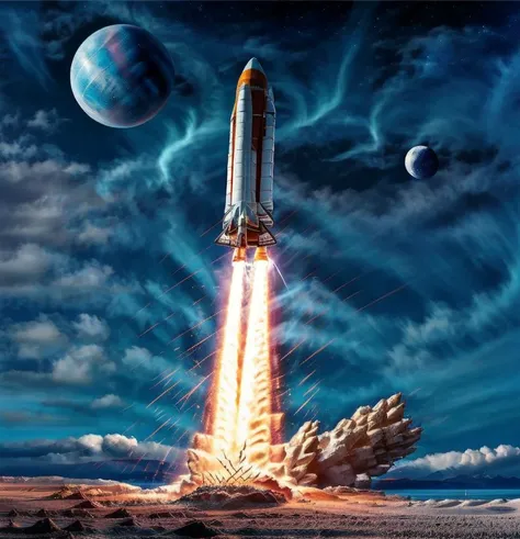 Rocket, space, planet, , no humans,cloud, sky, no humans, flying,star_\(sky\),sunset ,super-reaslitic,8k,best quality,moon, <lora:rocketStart:1>