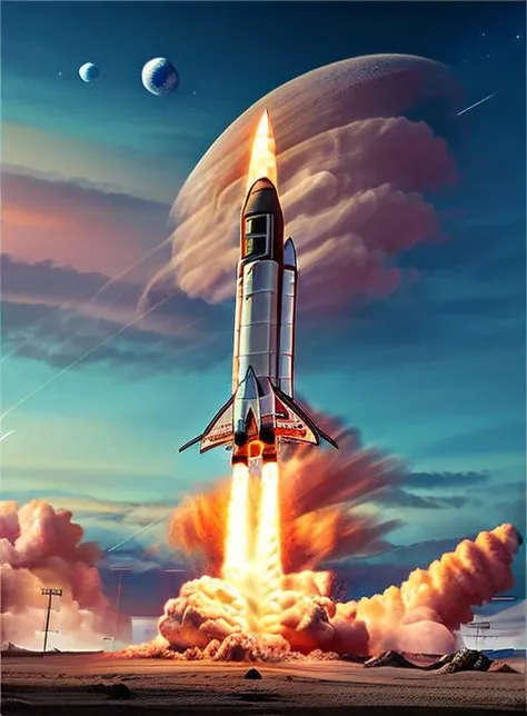 Rocket, cloud, planet, sky, spacecraft, outdoors, aircraft, 1boysky,cloud,senano-yu, star_\(sky\),sunset ,super-reaslitic,8k,best quality,moon,  <lora:rocketStart:1>