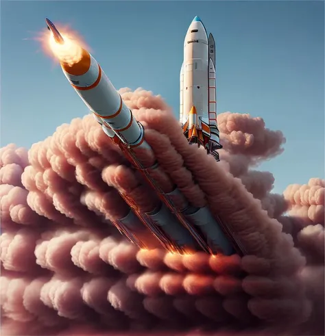 rocket,fire, airplane, sky, no humans, flying, blue sky, <lora:rocketStart:1>