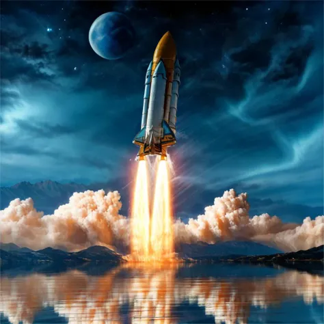 Rocket, reflection, lake, water, space, planet, no humans, ground vehicle, cloud, sky, flying, star_\(sky\), city, science fiction , super-reaslitic, 8k, best quality, moon, <lora:rocketStart:0.95>