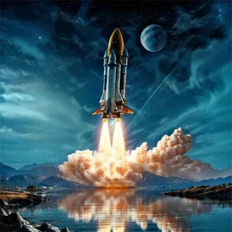 Rocket, reflection, tropical island, ocean, water, space, planet, no humans, ground vehicle, cloud, sky, flying, star_\(sky\), city, science fiction , super-reaslitic, 8k, best quality, moon, <lora:rocketStart:0.95>