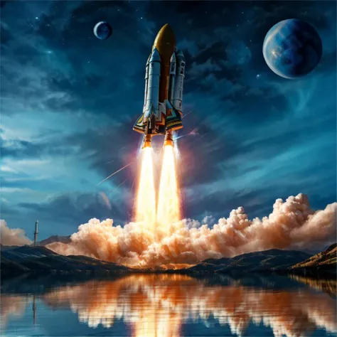 Rocket, reflection, lake, water, space, planet, no humans, ground vehicle, cloud, sky, flying, star_\(sky\), city, science fiction , super-reaslitic, 8k, best quality, moon, <lora:rocketStart:0.95>