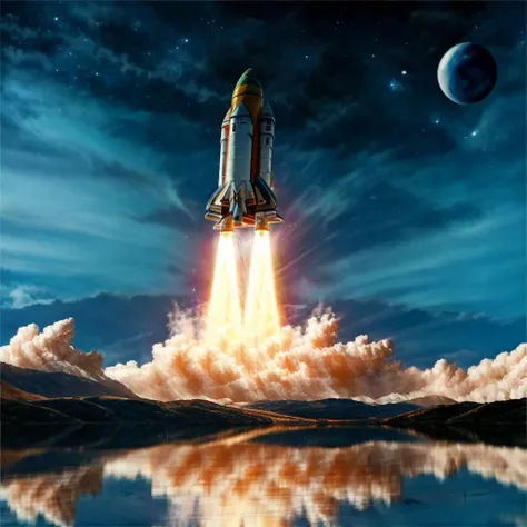Rocket, reflection, lake, water, space, planet, no humans, ground vehicle, cloud, sky, flying, star_\(sky\), city, science fiction , super-reaslitic, 8k, best quality, moon, <lora:rocketStart:0.95>