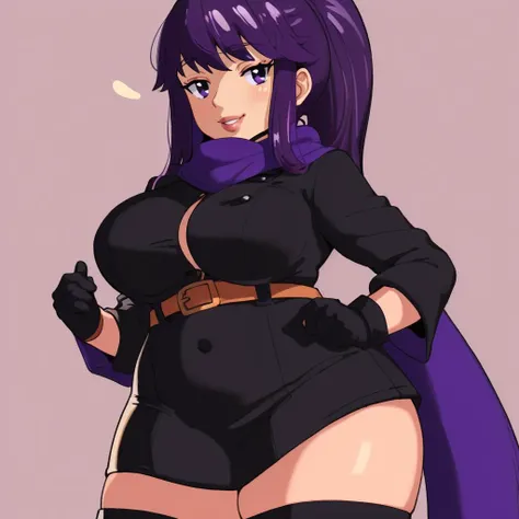 (masterpiece, best quality:1.3), ToastBreeding, 1girl, solo, looking at viewer, wide hips, mature female, simple background, seductive smile, (closed mouth:1.2), large breasts, cowboy shot, thick thighs, <lora:ToastBreeding Style Lora:.85>, purple hair, purple eyes, long hair, purple scarf, ponytail, gloves, scarf, thigh strap, dress, black gloves, long sleeves, coat, black coat