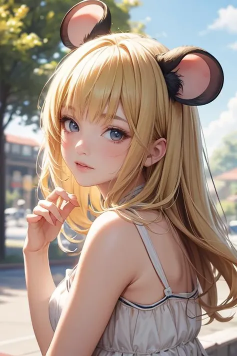 (masterpiece, best quality), 1girl, beautiful face, <lora:Mousegirls_MINI:1> mousegirl, mouse ears, sundress, outdoors, blonde hair,