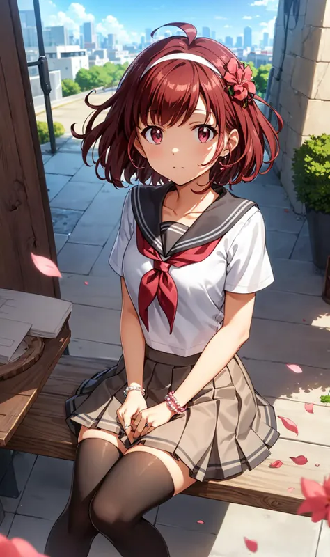 haru kasugabe \(t7s\), (best quality, 8K, masterpiece, ultra detailed:1.2), cinematic angle, cinematic angle,
1girl, solo, shiny skin, shadow, cinematic lighting, detailed background, wide shot, depth of field,
clear sky, blue sky, day, dappled sunlight, floating hair, wind, beautiful clouds, cityscape, skyline, petals,
sitting, school uniform, collarbone, collared shirt, pleated skirt, serafuku, sailor collar, earrings, bracelet, hair flower, neckerchief, wedding ring, black thighhighs, hairband, ribbon, hair ornament,