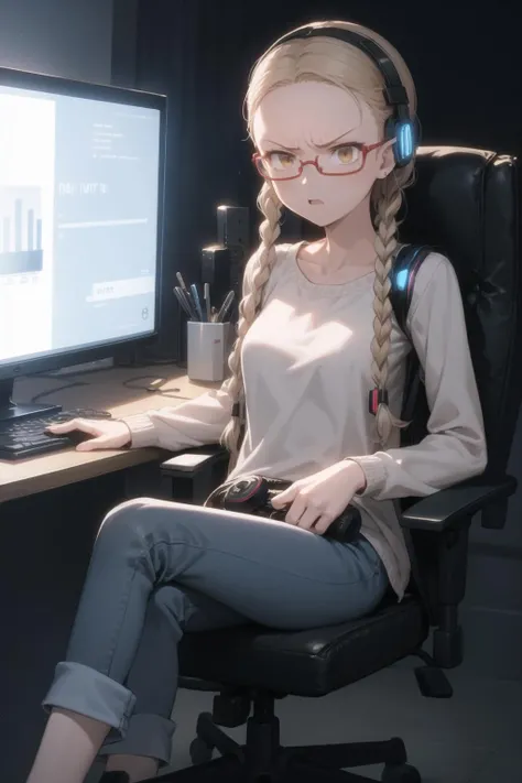 <lora:tomicosine-000040:1> tomi, casual, pants, under-rim eyewear,
1girl, solo, livestream, monitor, screen light, dark, headphones, gamer chair, angry