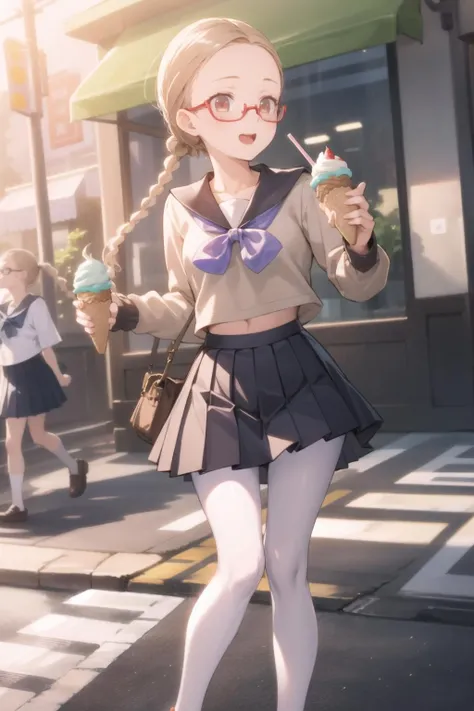 <lora:tomicosine-000040:1> tomi, serafuku, pleated skirt, under-rim eyewear, white pantyhose,
1girl, solo, sidewalk, ice cream cone, strawberry, excited