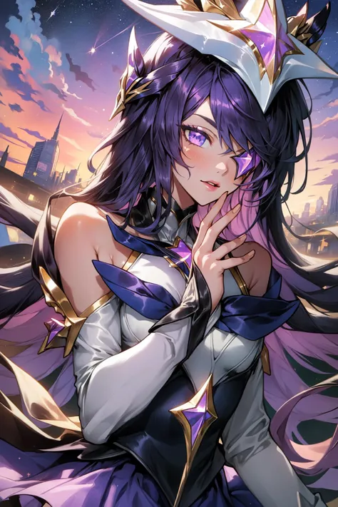 (Masterpiece:1.2), best quality, (illustration:1.2), <lora:Star_Guardian_Syndra-000018:1>, star guardian syndra, 1girl, purple hair, hair ornament, frilled skirt, dress, upper body, potrait, city, park, starry sky