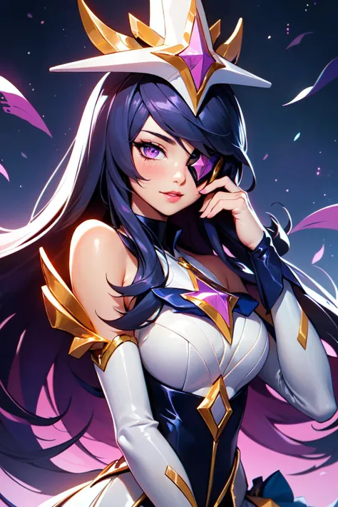 (Masterpiece:1.2), best quality, (illustration:1.2), <lora:Star_Guardian_Syndra-000018:1>, star guardian syndra, 1girl, eyepatch, hair ornament, frilled skirt, dress, upper body, potrait