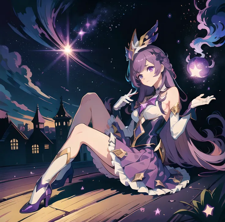 (Masterpiece:1.2), best quality, (illustration:1.2), <lora:Star_Guardian_Syndra-000018:0.7>, star guardian syndra, 1girl, purple hair, hair ornament, frilled skirt, dress, full body, potrait