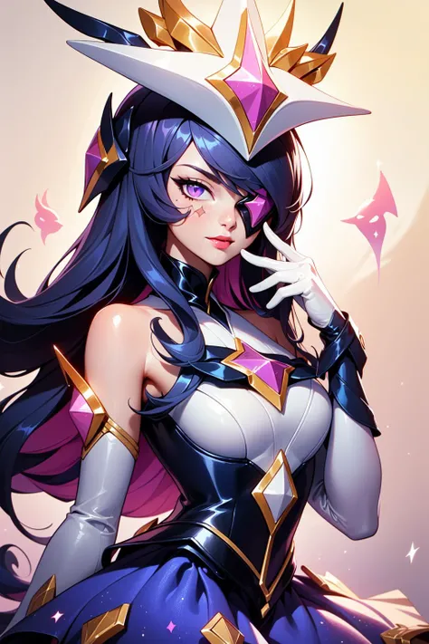 (Masterpiece:1.2), best quality, (illustration:1.2), <lora:Star_Guardian_Syndra-000018:1>, star guardian syndra, 1girl, eyepatch, hair ornament, frilled skirt, dress, upper body, potrait