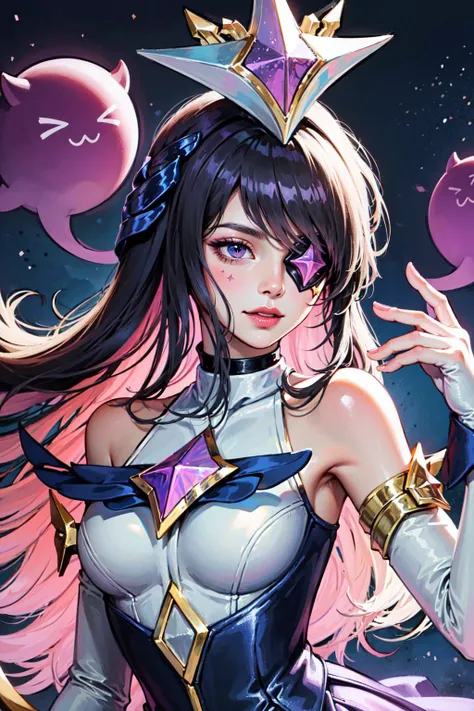 (Masterpiece:1.2), best quality, (illustration:1.2), <lora:Star_Guardian_Syndra-000018:1>, star guardian syndra, 1girl, eyepatch, hair ornament, frilled skirt, dress, upper body, potrait