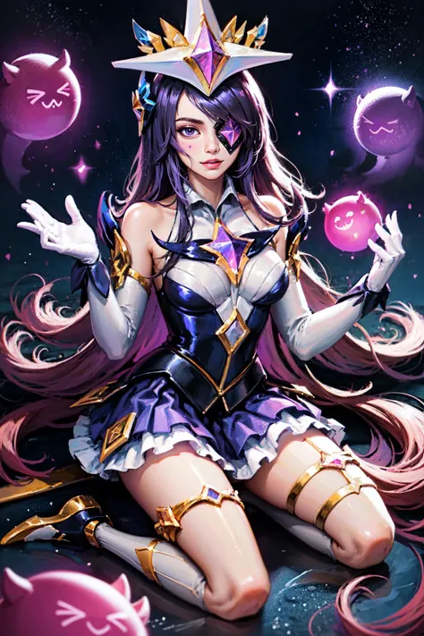 (Masterpiece:1.2), best quality, (illustration:1.2), <lora:Star_Guardian_Syndra-000018:1>, star guardian syndra, 1girl, eyepatch, purple hair, hair ornament, frilled skirt, dress, full body, potrait