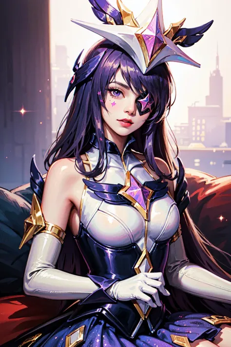 (Masterpiece:1.2), best quality, (illustration:1.2), <lora:Star_Guardian_Syndra-000018:1>, star guardian syndra, 1girl, eyepatch, purple hair, hair ornament, frilled skirt, dress, upper body, potrait