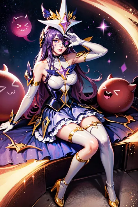 (Masterpiece:1.2), best quality, (illustration:1.2), <lora:Star_Guardian_Syndra-000018:1>, star guardian syndra, 1girl, eyepatch, purple hair, hair ornament, frilled skirt, dress, full body, potrait