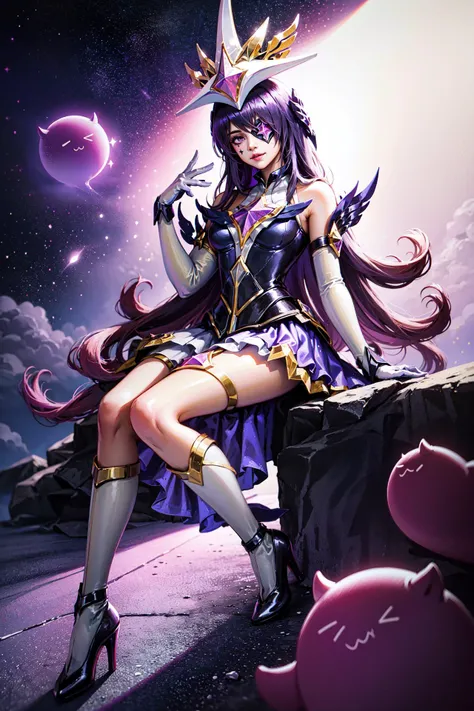 (Masterpiece:1.2), best quality, (illustration:1.2), <lora:Star_Guardian_Syndra-000018:1>, star guardian syndra, 1girl, eyepatch, purple hair, hair ornament, frilled skirt, dress, full body, potrait