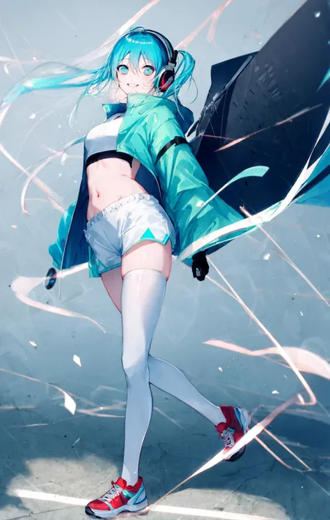 1girl, aqua_eyes, aqua_hair, bangs, blue_eyes, blue_hair, blush, breasts, crop_top, eyebrows_visible_through_hair, floating_hair, full_body, gloves, grey_background, ground_vehicle, hair_between_eyes, hair_ornament, hatsune_miku, headphones, jacket, long_hair, long_sleeves, looking_at_viewer, medium_breasts, midriff, navel, shiny, shiny_clothes, shiny_hair, shoes, short_shorts, shorts, smile, sneakers, solo, standing, thighhighs, twintails, very_long_hair, white_jacket, white_legwear <lora:style_MiwanoRag:1>